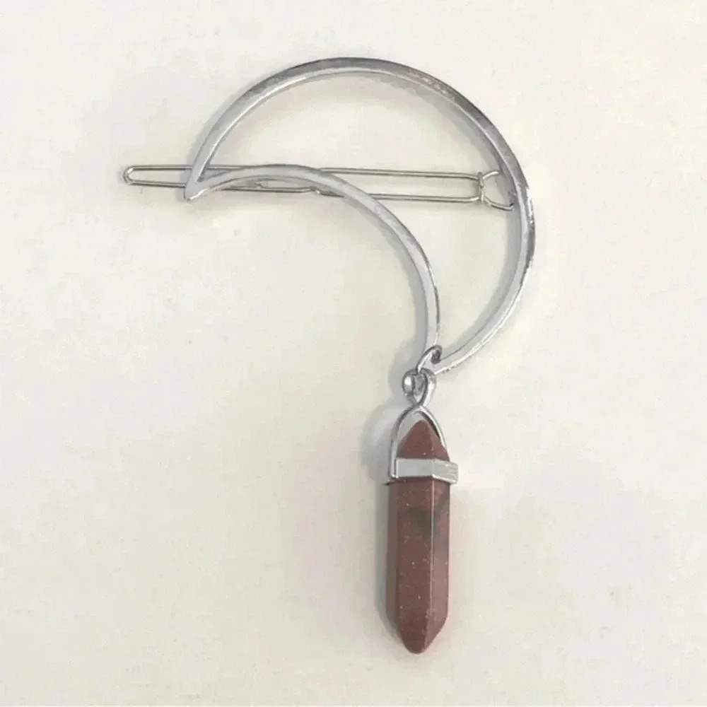 Gold Red Sandstone Crystal Moon Metal Hair Clip Barrette NWT